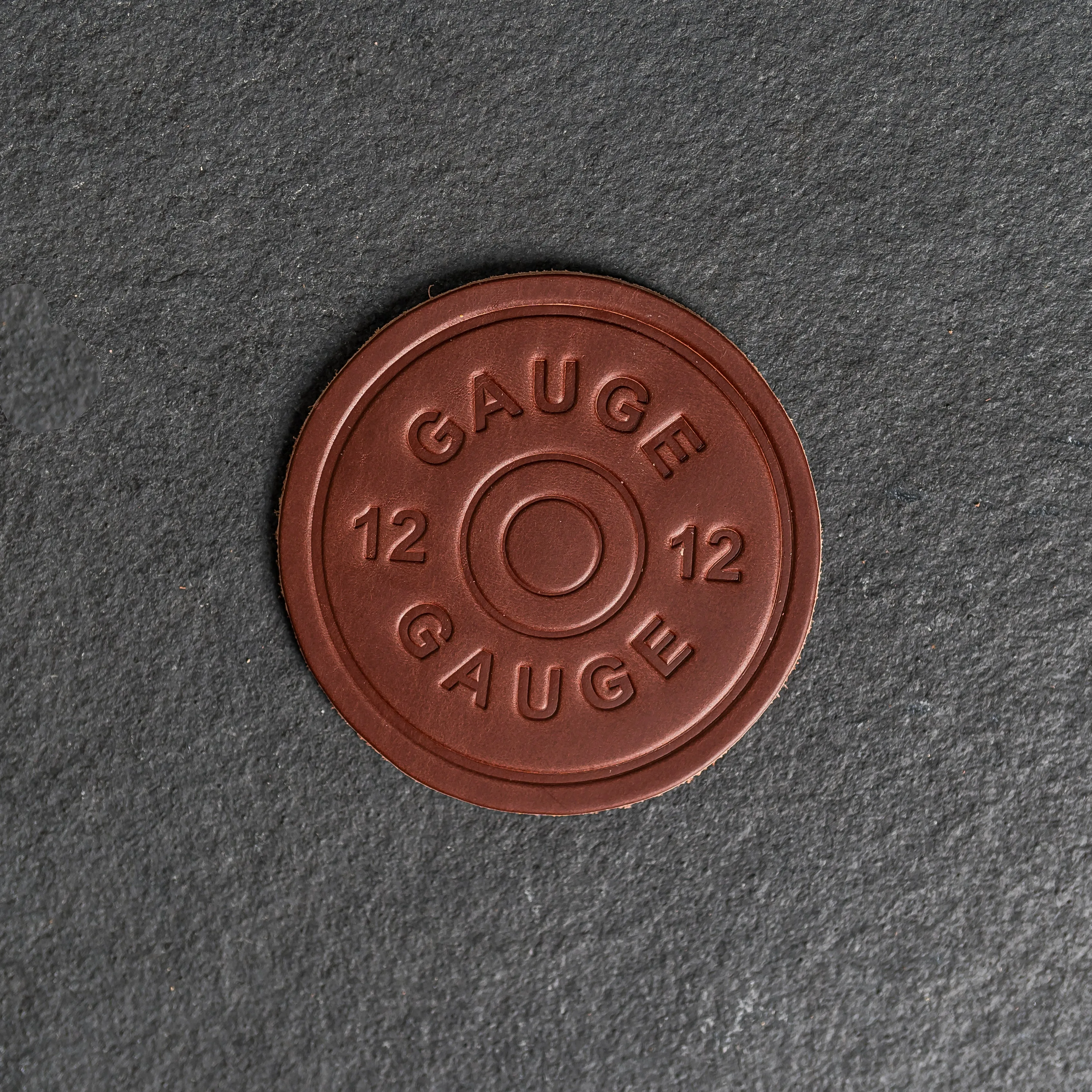 12 Gauge Stamp Design Leather Coasters - 4" Round - Sold individually or as a Set of 4