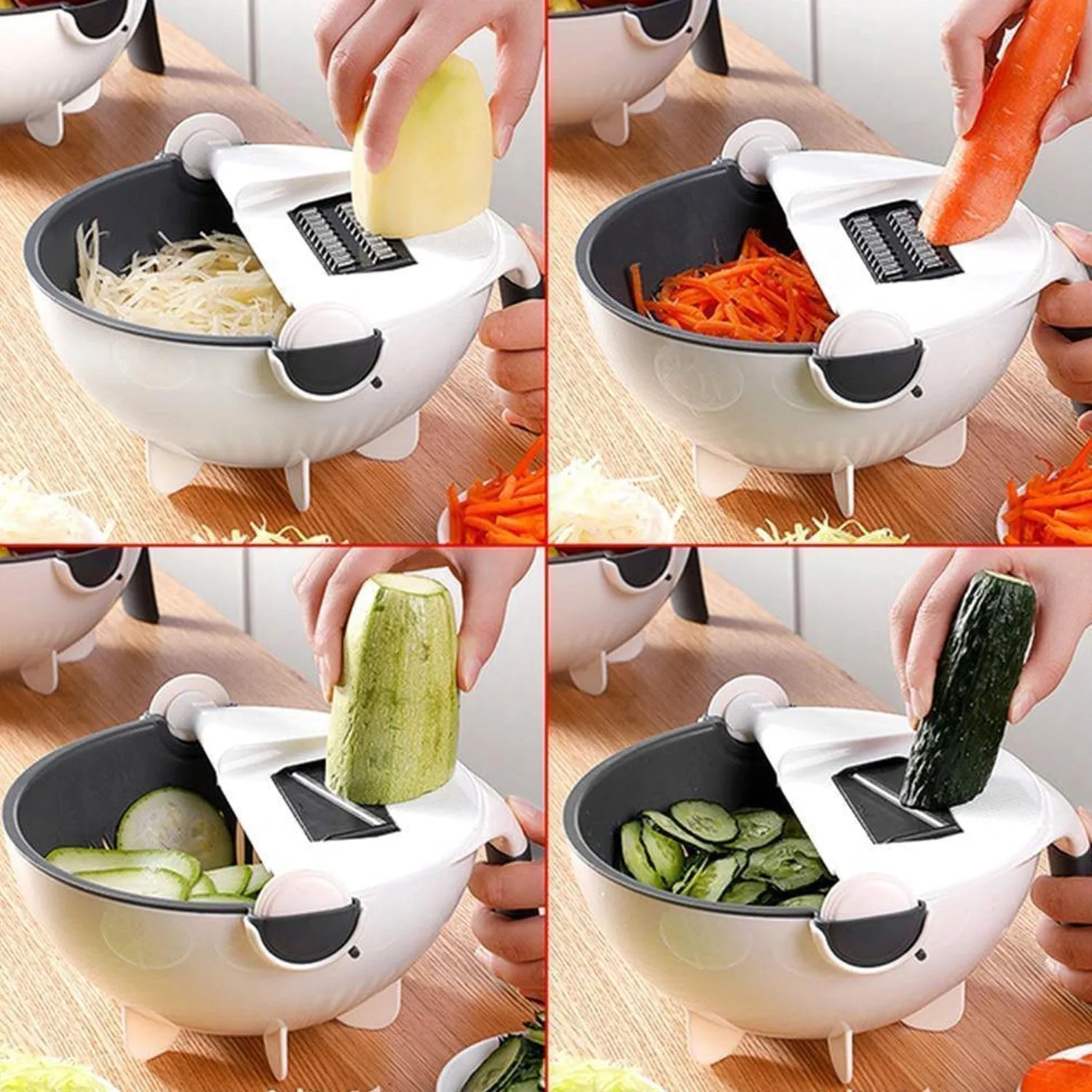 2187B Premium Portable 7 in 1 Multifunction Magic Rotate Vegetable Cutter / Chopper / Slicer / Shredder with Drain Basket with various Dicing Blades