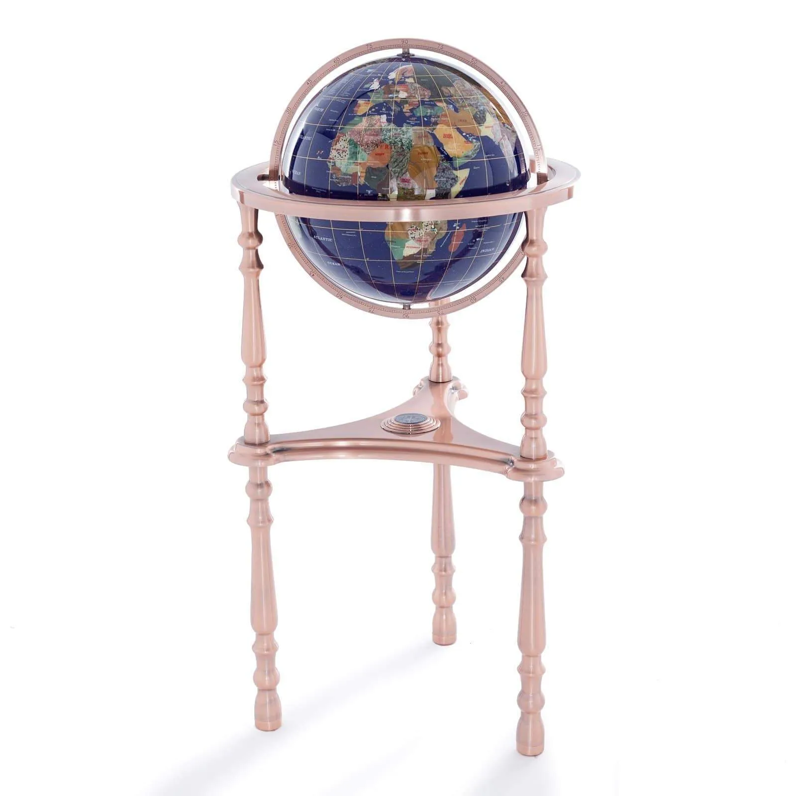 37" Tall Gemstone Globe with Lapis Ocean on Ambassador Antique Copper 3-Leg High Stand