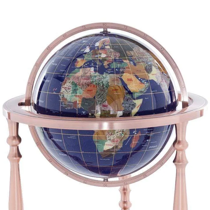 37" Tall Gemstone Globe with Lapis Ocean on Ambassador Antique Copper 3-Leg High Stand