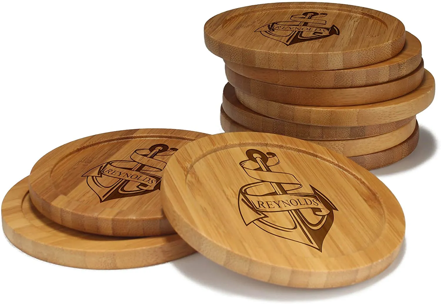 Anchor Round Custom Engraved Bamboo Coaster Set