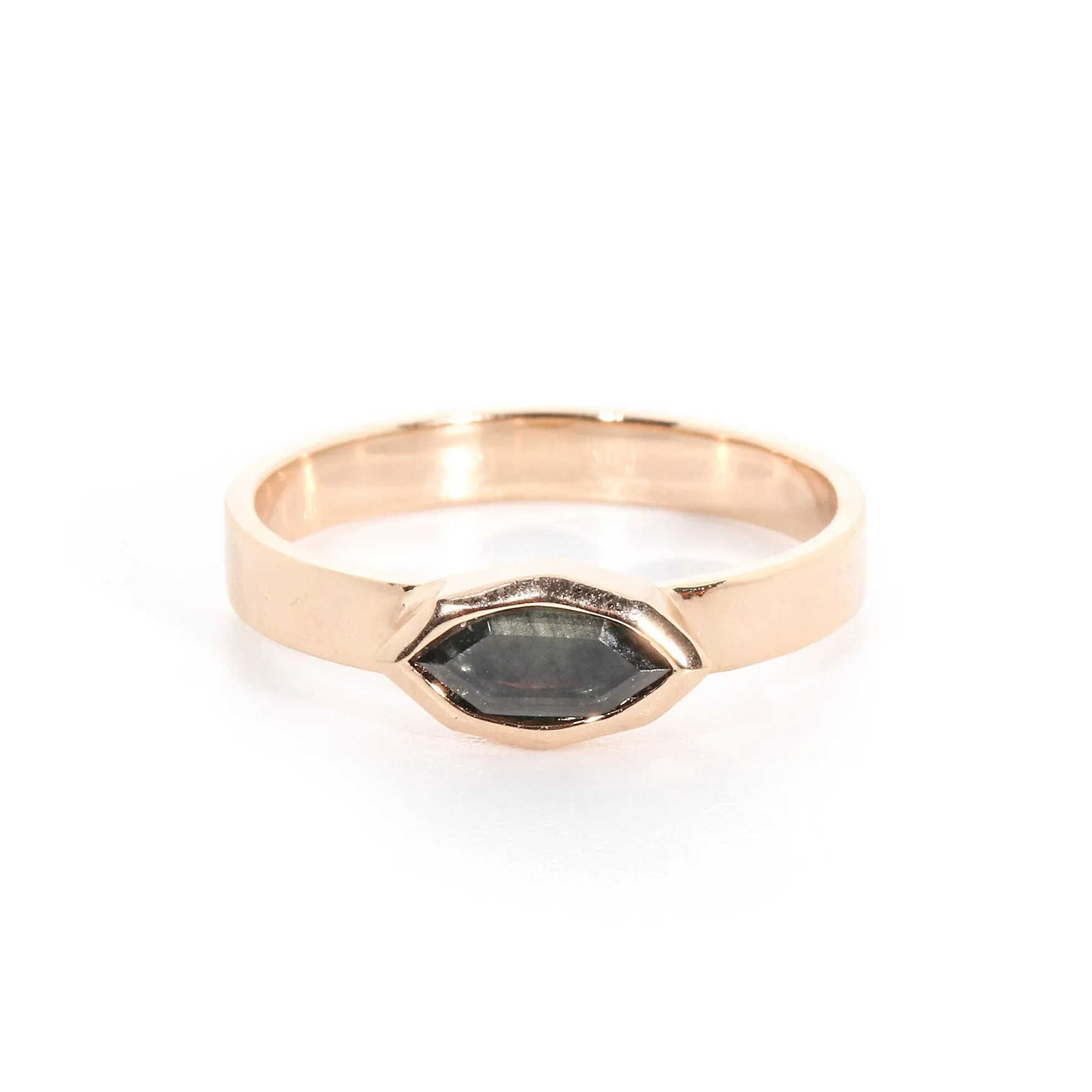 Band Ring with Portrait Cut Teal Sapphire, Solid 14k Gold | ONE-OF-A-KIND