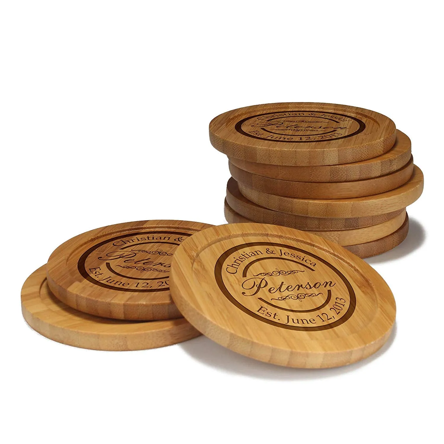 Couple Circle Stamp Round Custom Engraved Bamboo Coaster Set