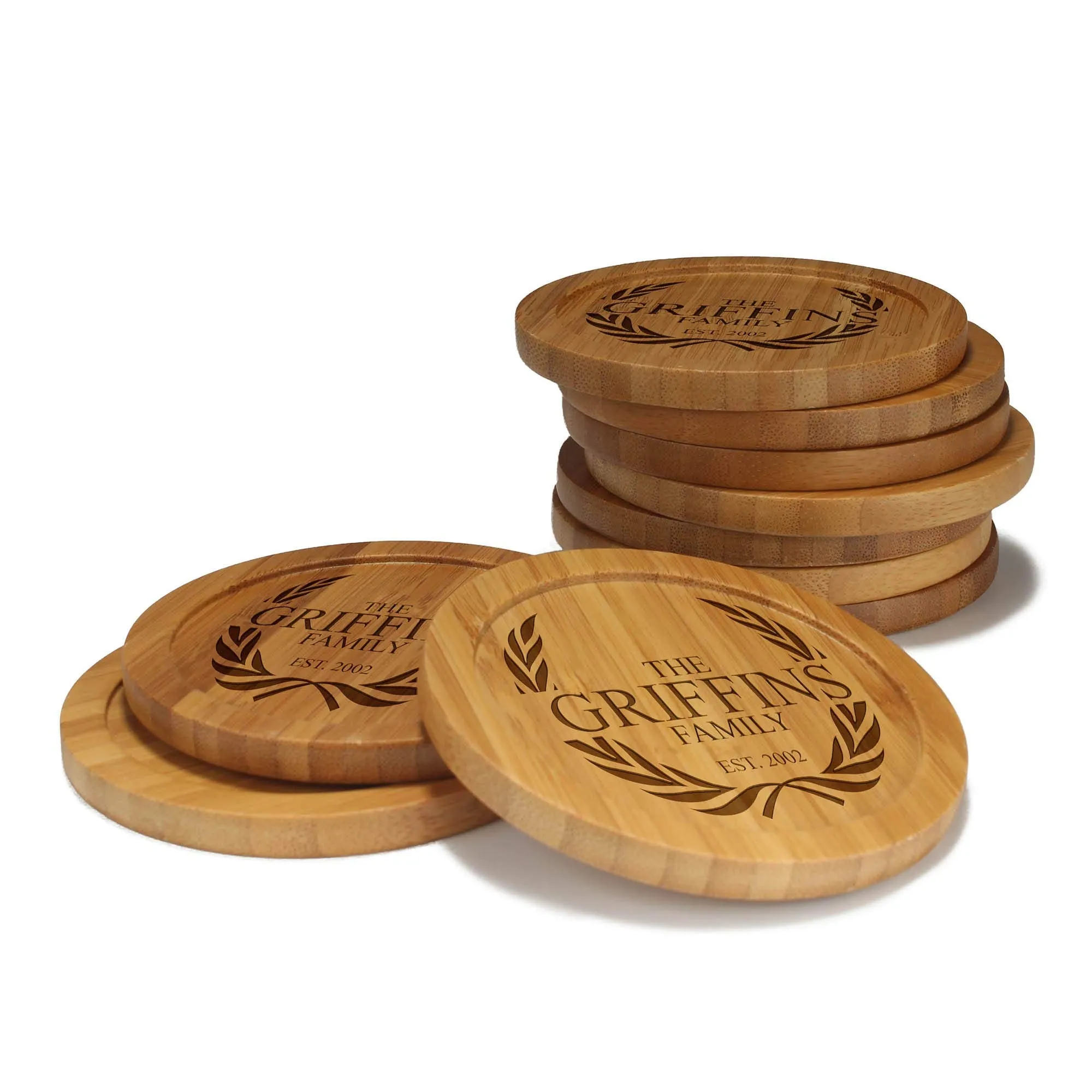 Family Laurel Round Custom Engraved Bamboo Coaster Set