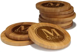 Family Name in Dark Circle Round Custom Engraved Bamboo Coaster Set