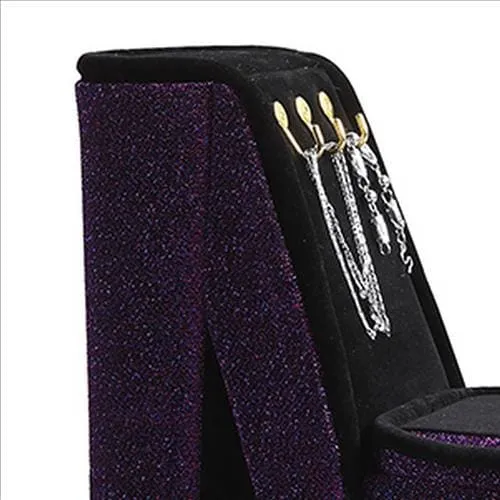 High Heel Shoe Jewelry Box with 3 Hooks and Storage, Purple By Casagear Home