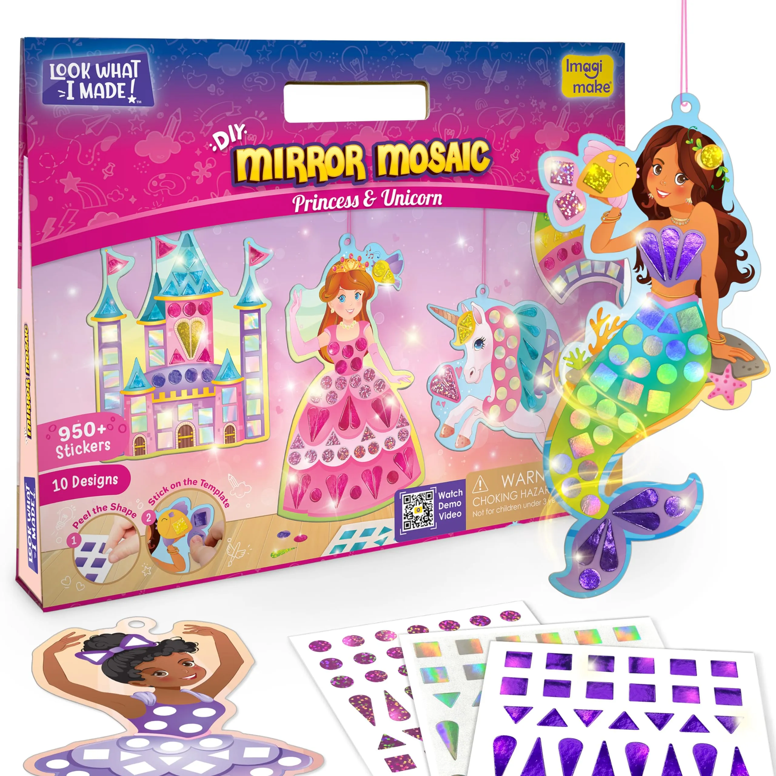 Imagimake Mirror Mosaic : Princess & Unicorn | Mess Free Diy Mosaic Craft Kit | 950  Foil Sticker | Travel Toys For Girls | Birthday Gift For Girls Ages 3,4,5,6,7,8, Pink