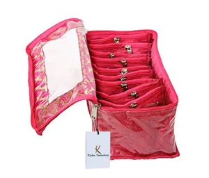 Kuber Industries Brocade Jewellery kit with 10 Pouch|Solid Print With Waterproof Outer Material|10 Pouches & Zipper Closure|Size 26 x 12 x 15, Pack of 1 (Pink)