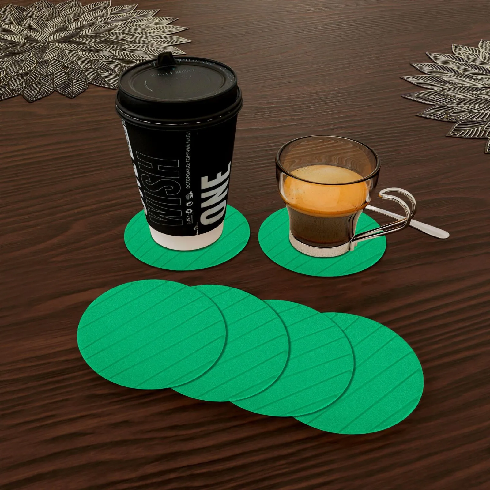 Kuber Industries Coaster | Tea Coasters for Office Table | Foam Tea Coasters for Kitchen | Coasters for Dining Table | Office Desk Coasters | Round Lining-Design Coaster | 6 Piece Set | Green