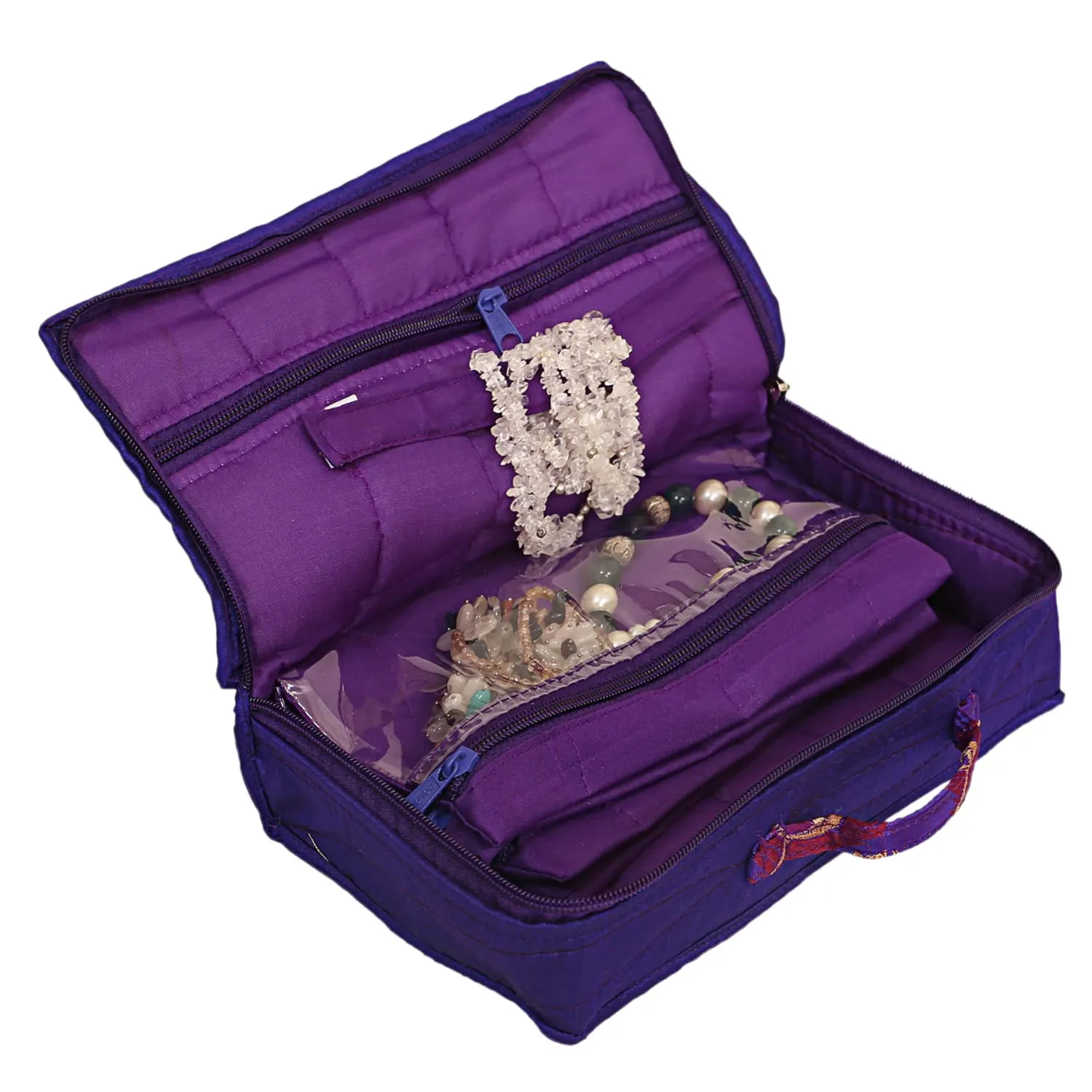 Kuber Industries Feather Print Satin Jewellery Organizer For Small Jewellery With 4 Pouches Pack Of 2 (Purple) 54KM4061