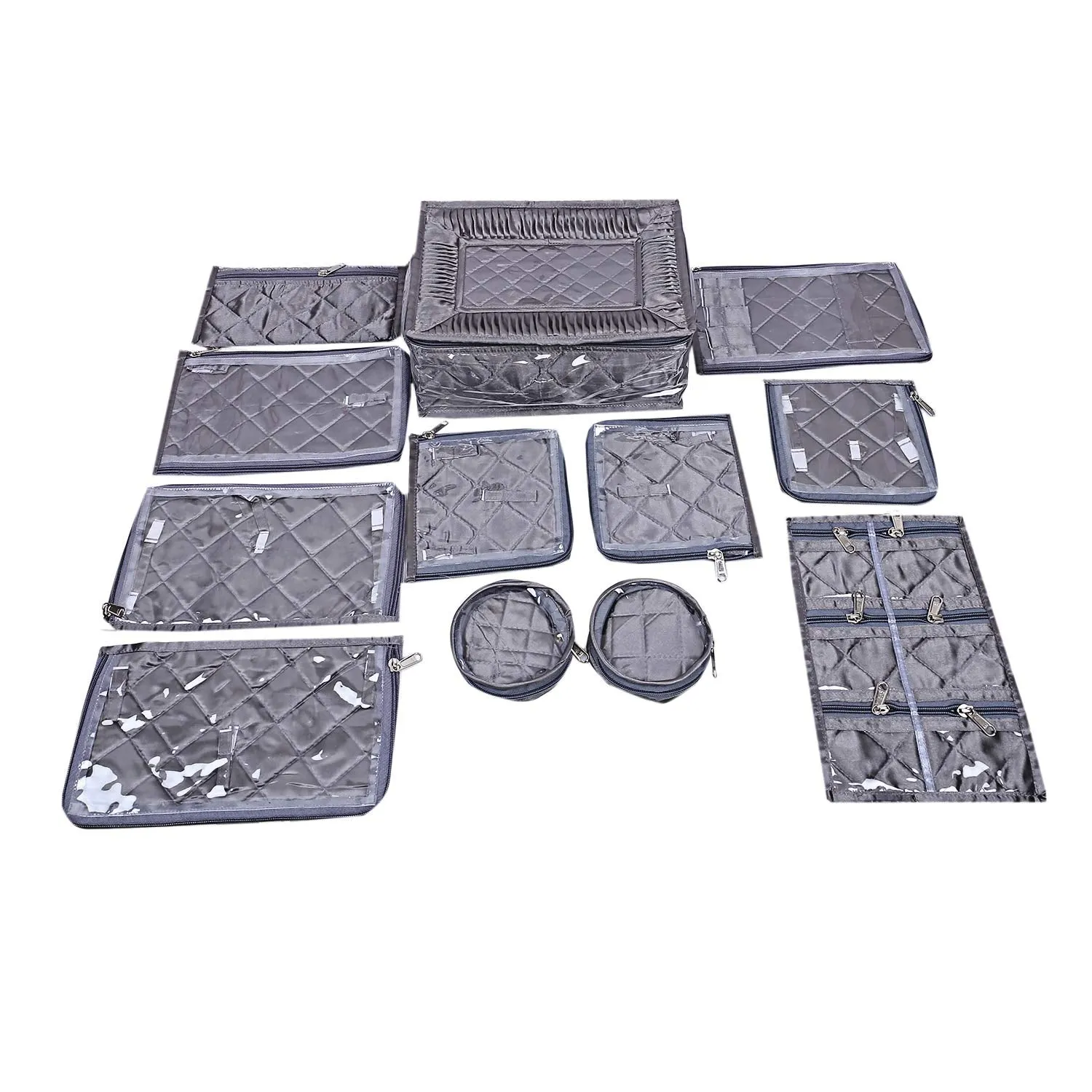 Kuber Industries Laminated Satin Locker Jewellery Kit (Grey), 12 Pouches-CTKTC25667