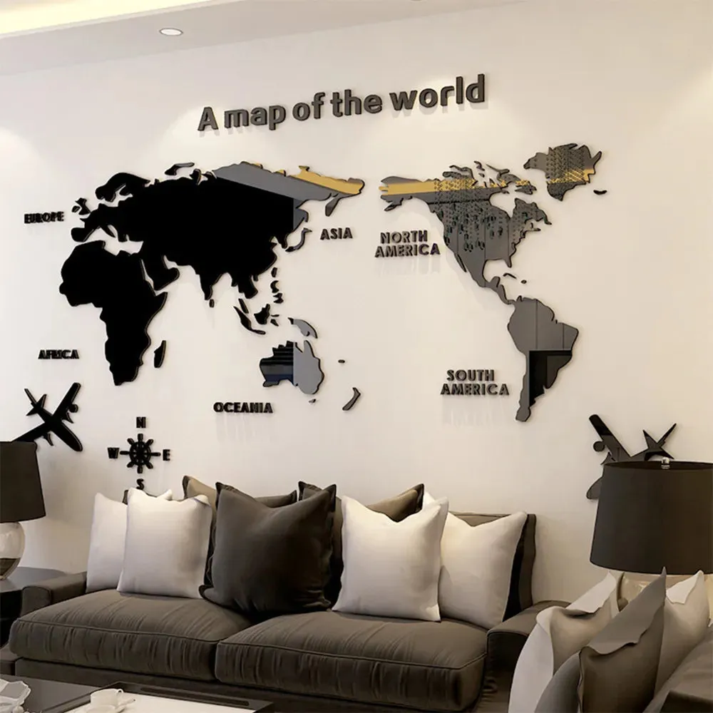 Map Of The World 3d Wall Mural Crystal Mirrored Acrylic World Map Wall Decal Sticker For Office Living Room Kid's Room Creative DIY Home Decor