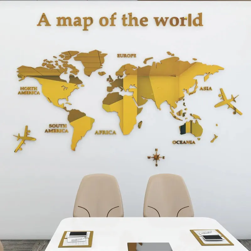 Map Of The World 3d Wall Mural Crystal Mirrored Acrylic World Map Wall Decal Sticker For Office Living Room Kid's Room Creative DIY Home Decor