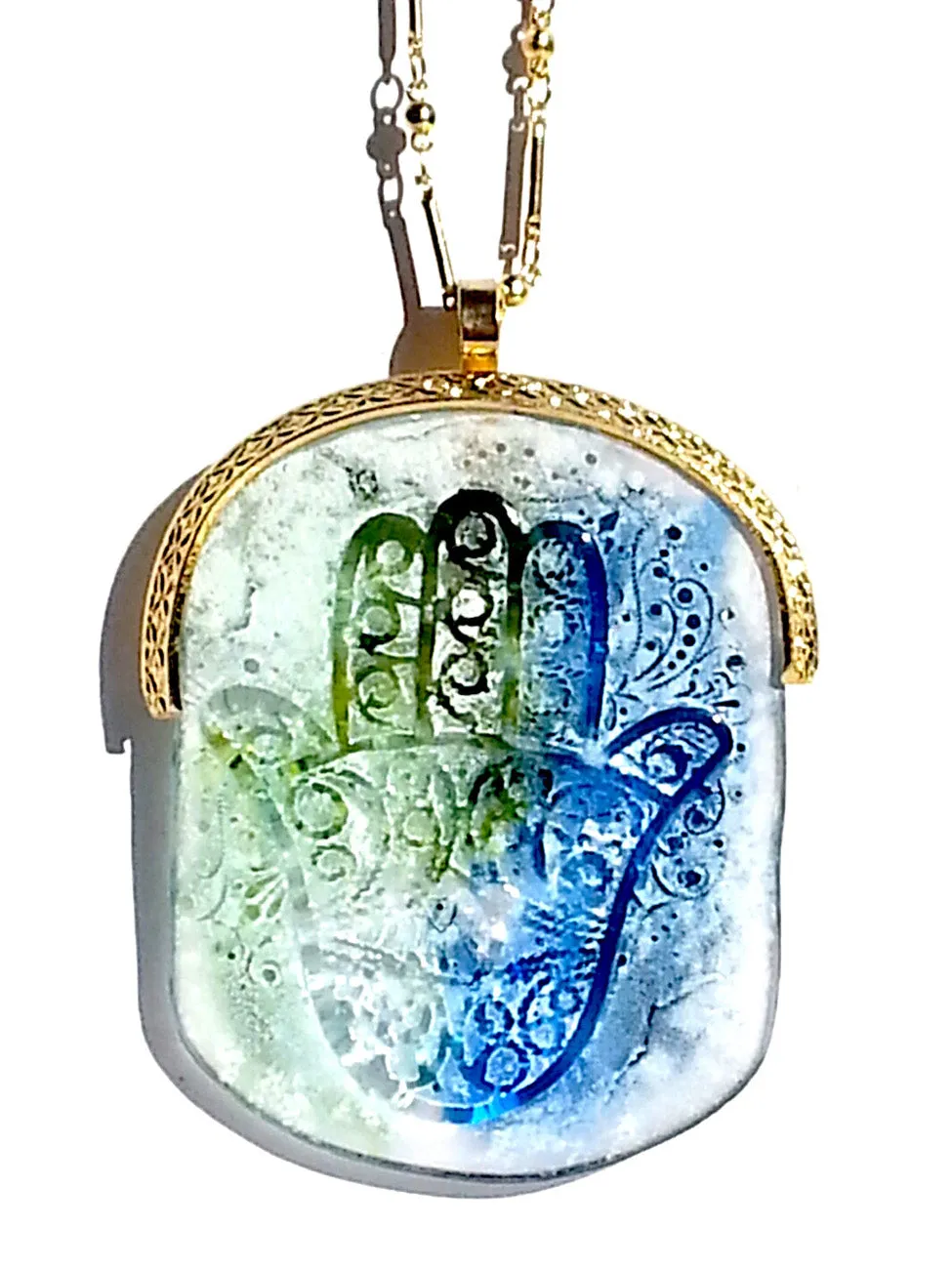 Necklace Hand Cast French Glass  Pendant Hamsa Blue Green