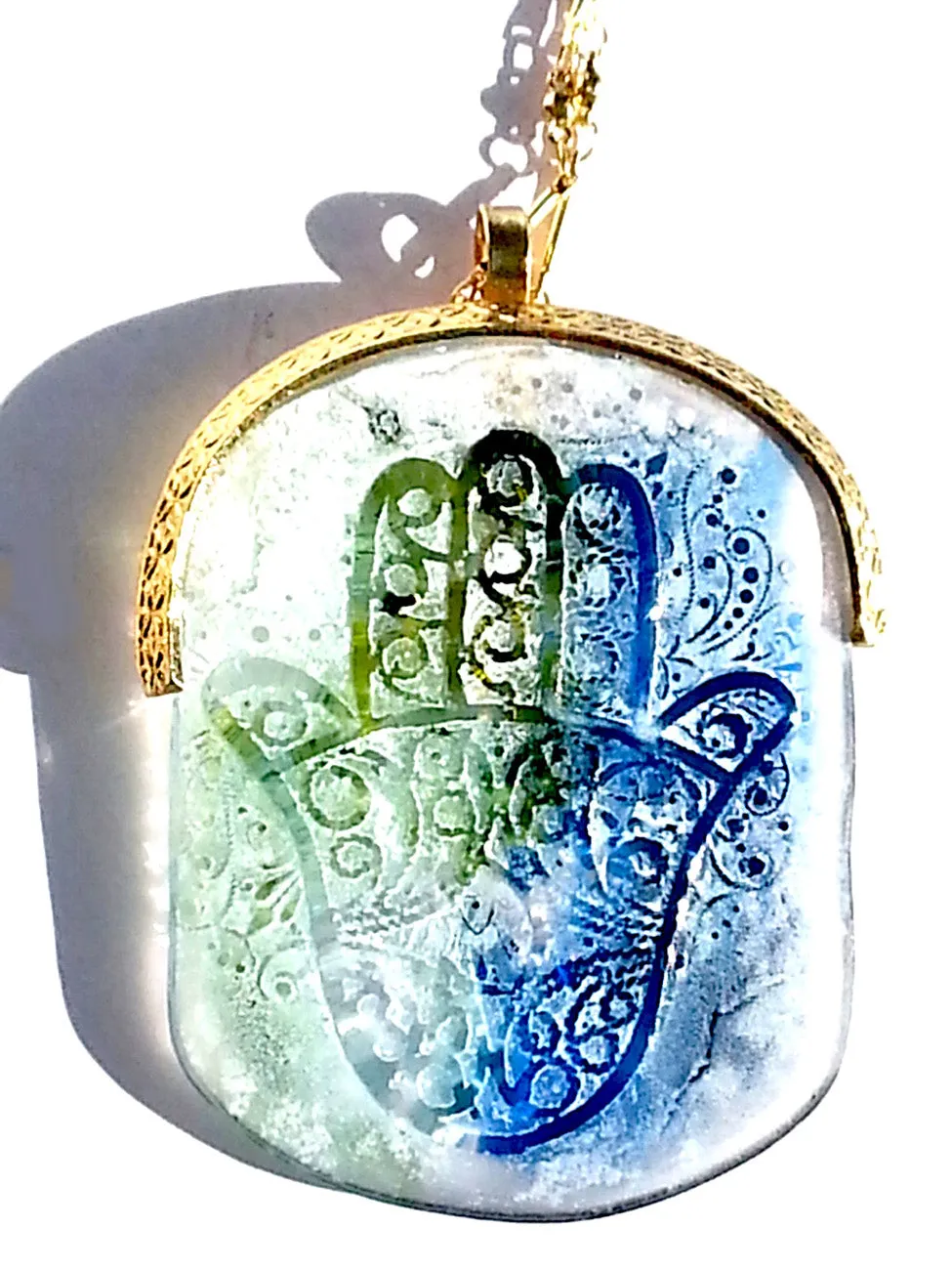 Necklace Hand Cast French Glass  Pendant Hamsa Blue Green