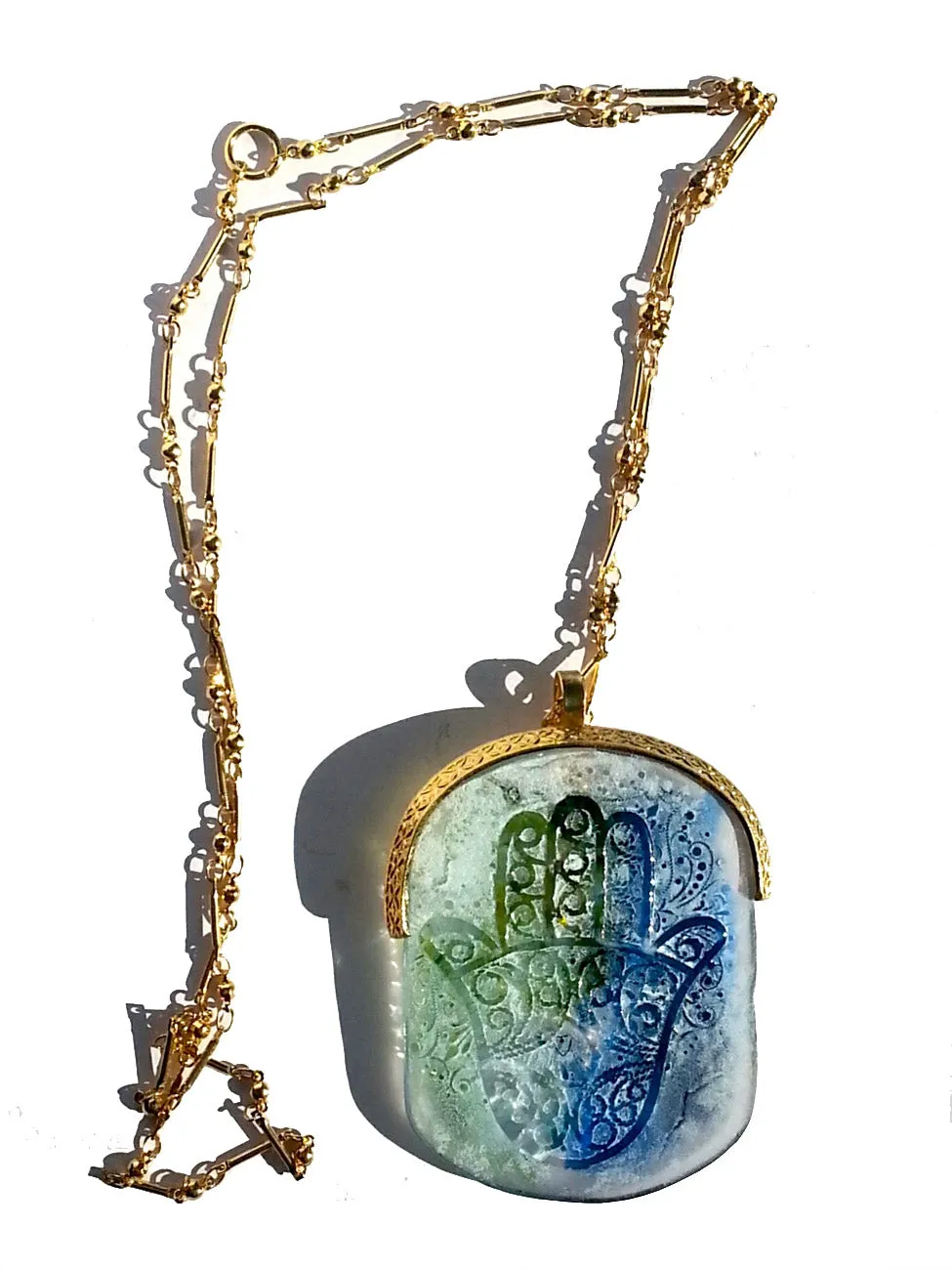 Necklace Hand Cast French Glass  Pendant Hamsa Blue Green