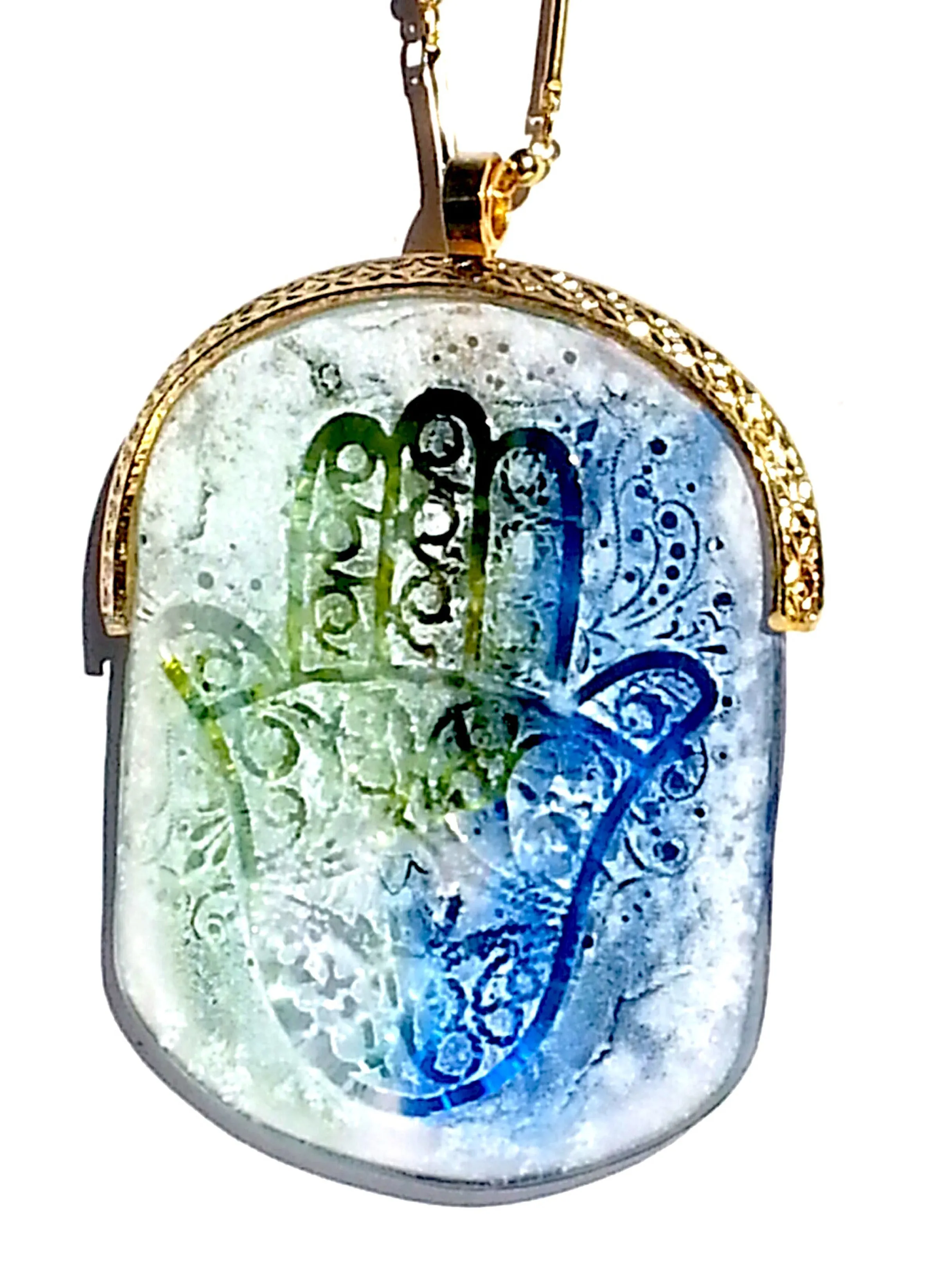 Necklace Hand Cast French Glass  Pendant Hamsa Blue Green