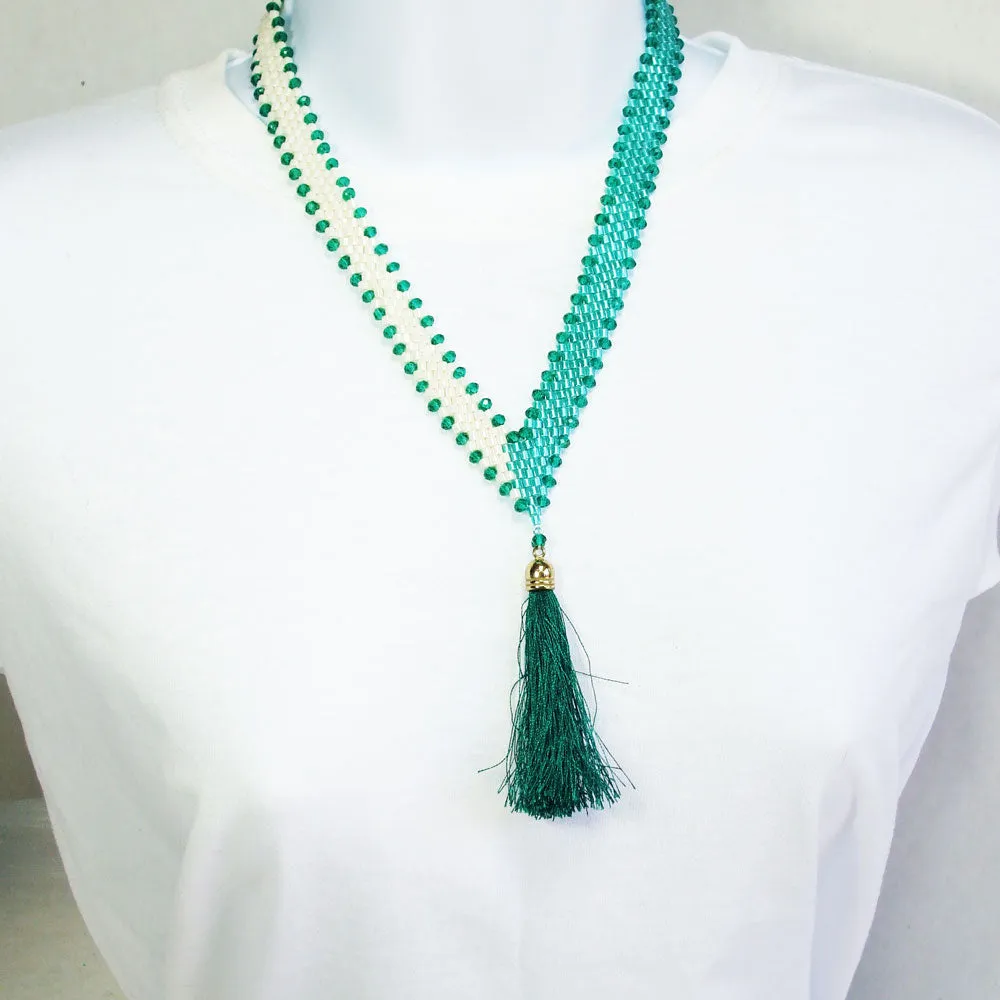 Parnel, Seed Beaded V-Neck Tassel, Necklace