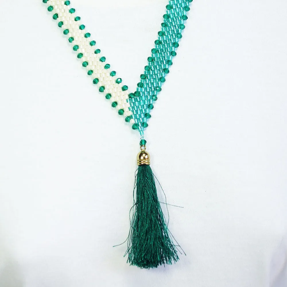 Parnel, Seed Beaded V-Neck Tassel, Necklace