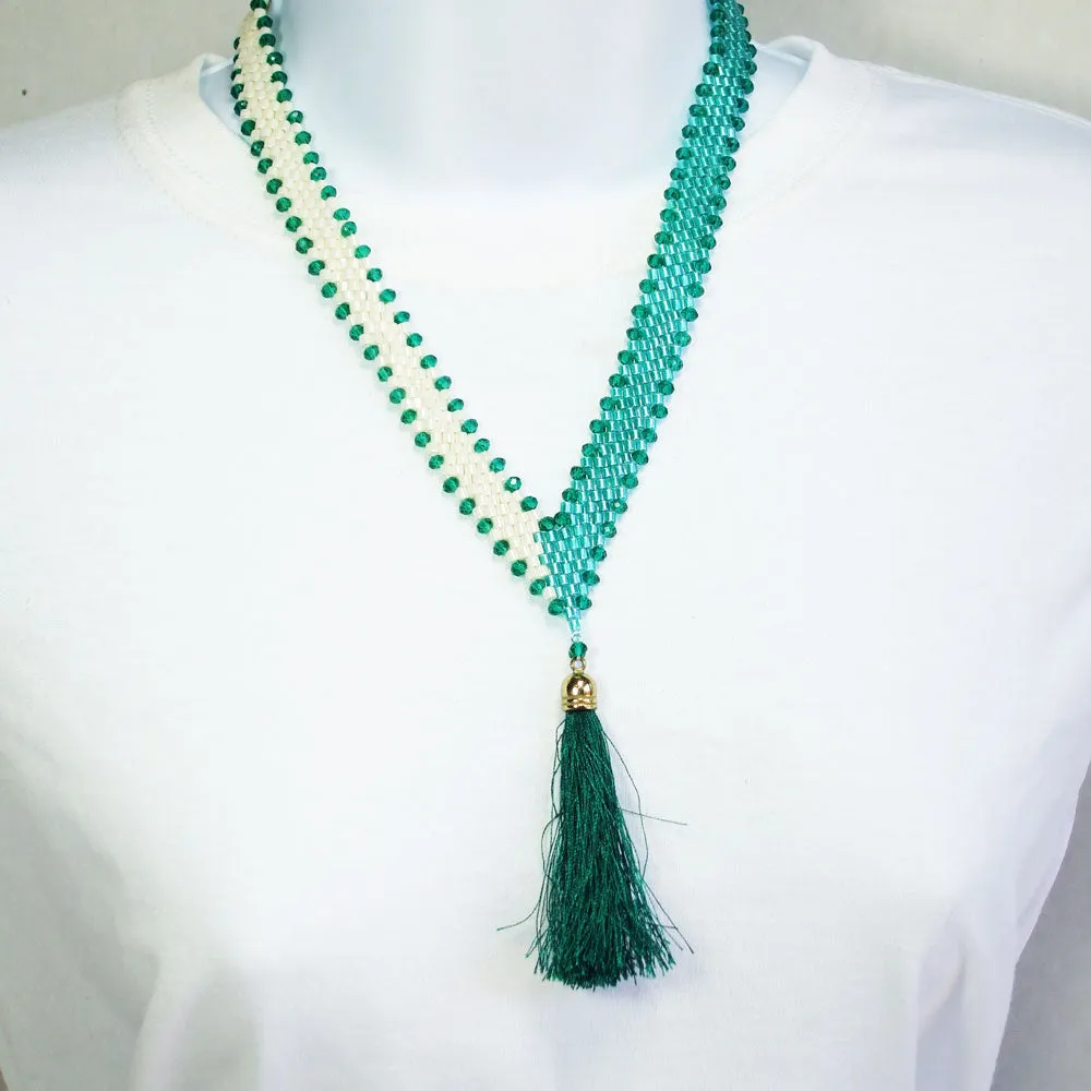 Parnel, Seed Beaded V-Neck Tassel, Necklace