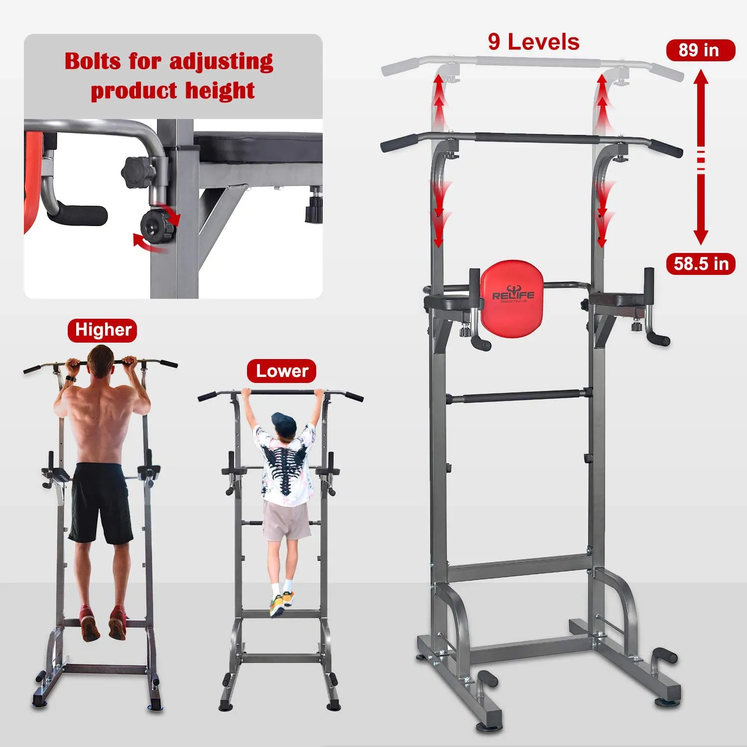 RELIFE REBUILD YOUR LIFE Power Tower Workout Dip Station for Home Gym Strength Training Fitness Equipment Newer Version