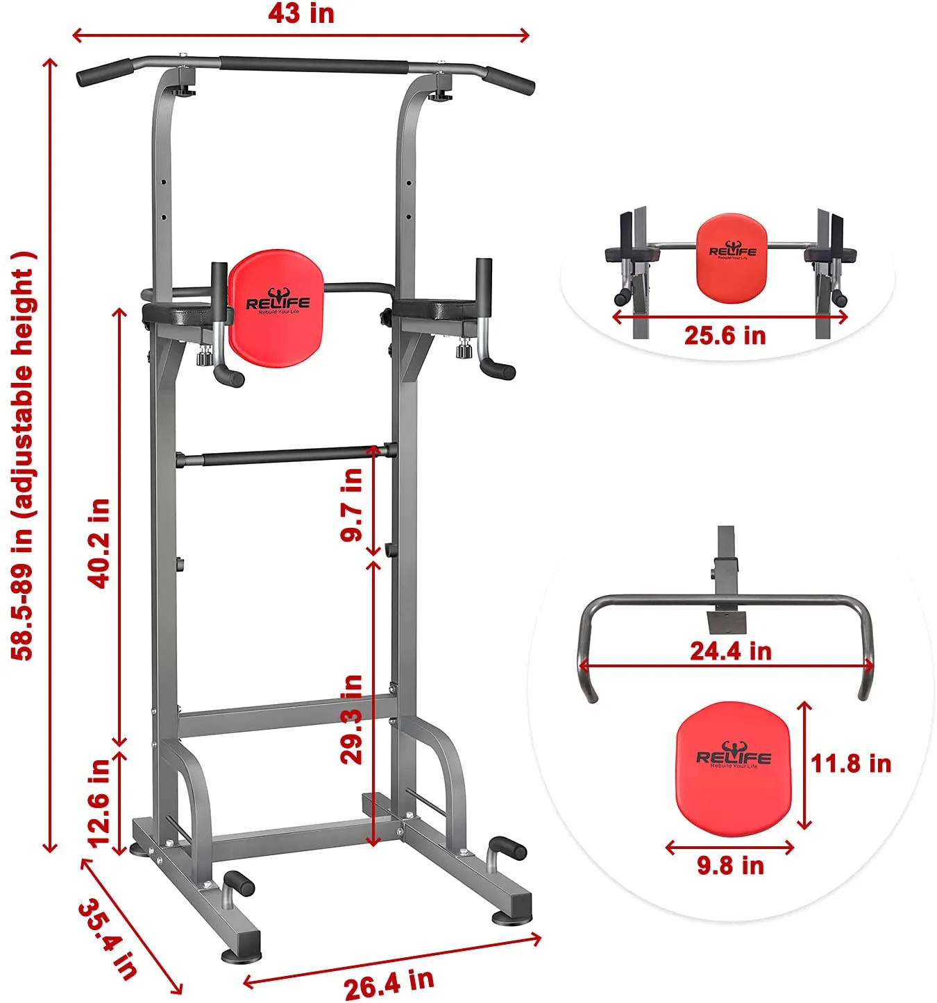 RELIFE REBUILD YOUR LIFE Power Tower Workout Dip Station for Home Gym Strength Training Fitness Equipment Newer Version