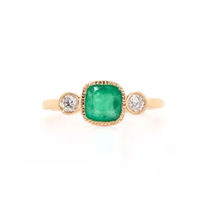 Ring with Cushion Cut Emerald (0.88 ct) and Diamonds, Solid 14k Gold | ONE-OF-A-KIND