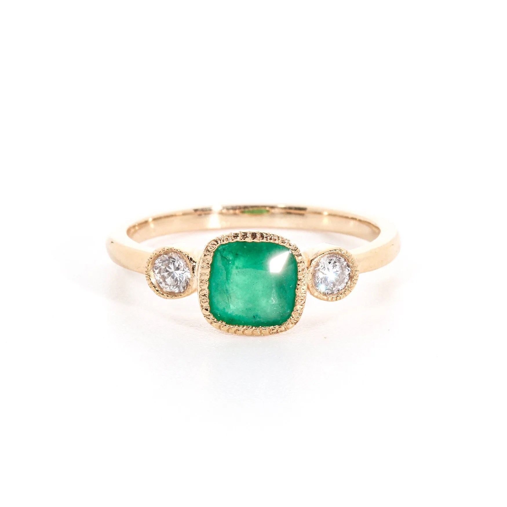 Ring with Cushion Cut Emerald (0.88 ct) and Diamonds, Solid 14k Gold | ONE-OF-A-KIND