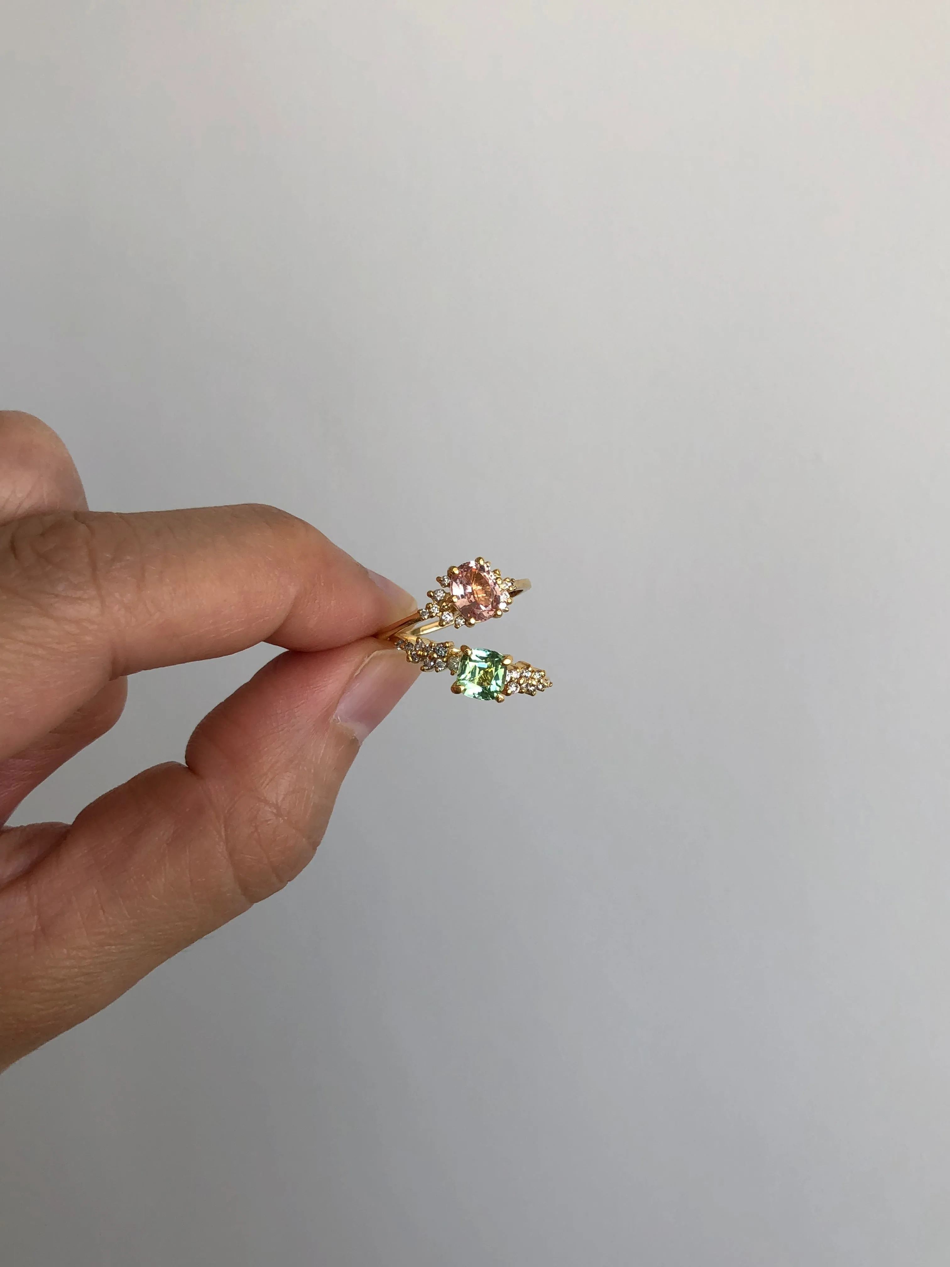 Ring with Cushion Cut Mint Green Tourmaline (0.95 ct) and Cluster of Diamonds, Solid 14k Gold | ONE-OF-A-KIND