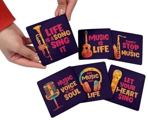 Set of 6 Drink Coasters Easy Clean 4-inch Square Coasters Cork Base- Reusable- Music Quote