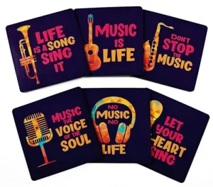 Set of 6 Drink Coasters Easy Clean 4-inch Square Coasters Cork Base- Reusable- Music Quote