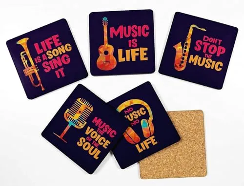 Set of 6 Drink Coasters Easy Clean 4-inch Square Coasters Cork Base- Reusable- Music Quote