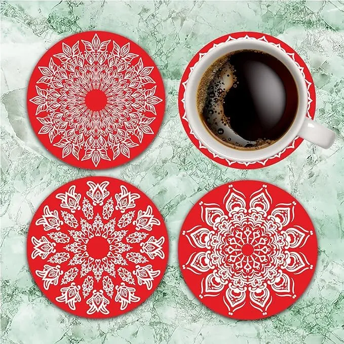 Set of 6 Wooden Coasters with Tray Resin and Wax Coated for Heat Absorbent Coaster Set Fit for Tea Cups Coffee Mugs | Glasses for Home Decor Coaster for Office Table. (Red Coasters)