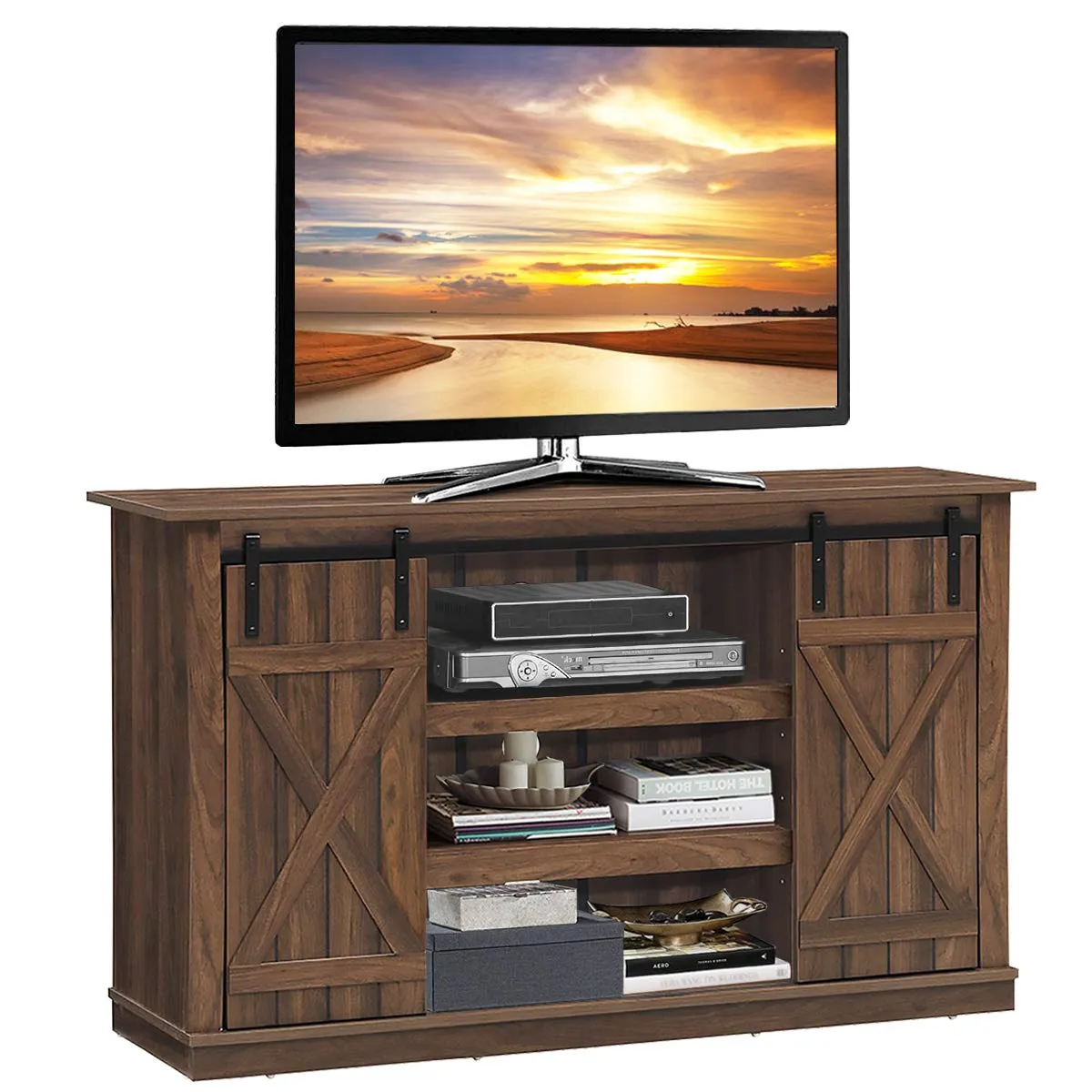 Tangkula TV Stand up to 60 Inches, Farmhouse Wood TV Stand with Sliding Barn Doors