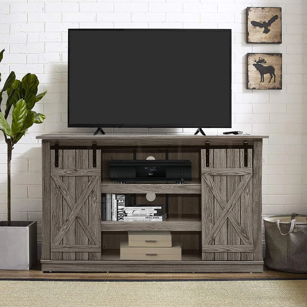 Tangkula TV Stand up to 60 Inches, Farmhouse Wood TV Stand with Sliding Barn Doors