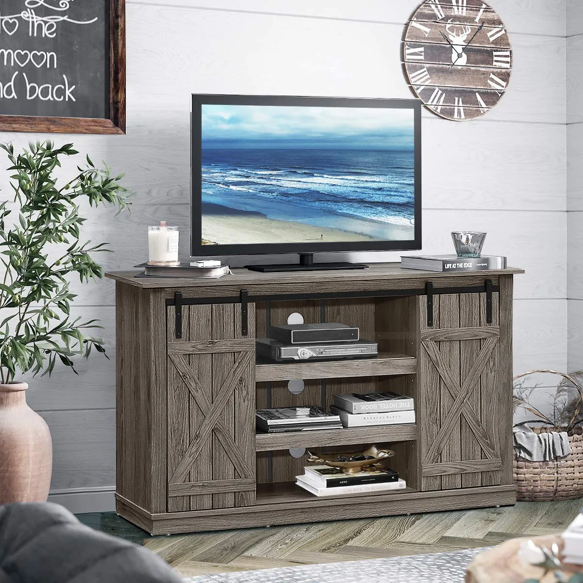 Tangkula TV Stand up to 60 Inches, Farmhouse Wood TV Stand with Sliding Barn Doors