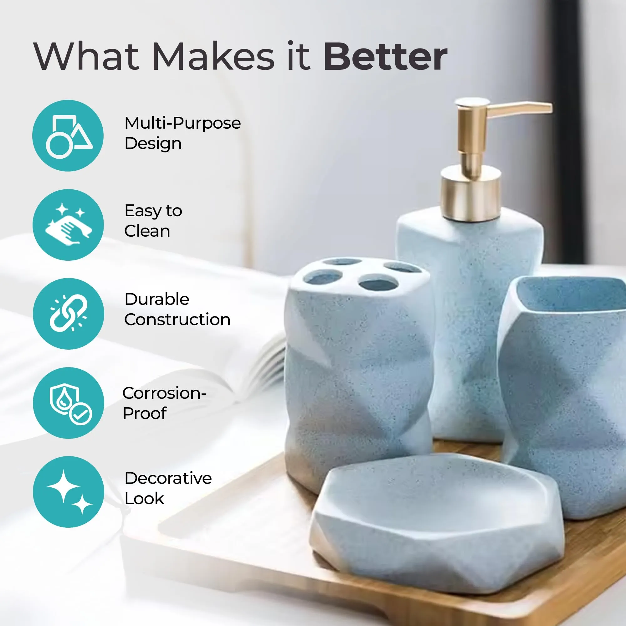 The Better Home 4pcs Ceramic Bathroom Set | Soap Dispenser (380ML), 2 Toothbrush Holders & Soap Holder For Bathroom | Bathroom Accessories Items | Liquid Soap Dispenser For Bathroom | Soap Case | Blue