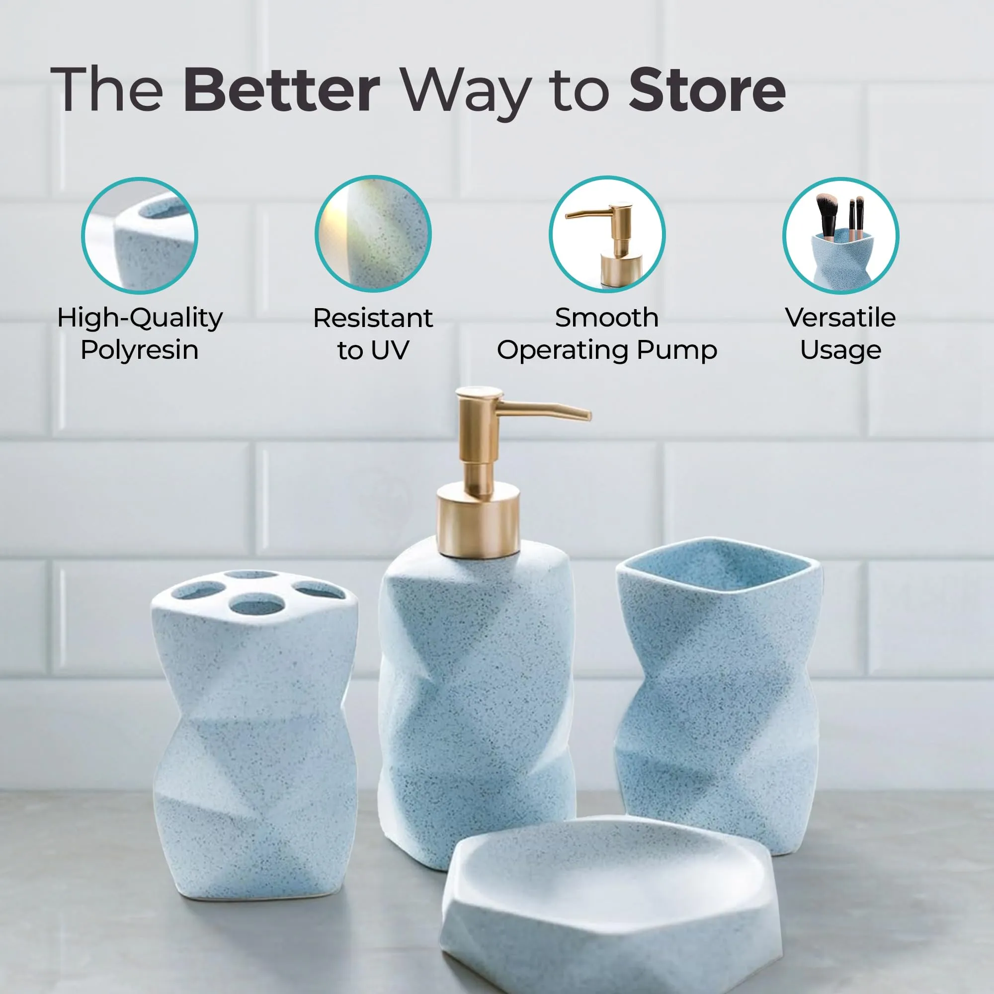 The Better Home 4pcs Ceramic Bathroom Set | Soap Dispenser (380ML), 2 Toothbrush Holders & Soap Holder For Bathroom | Bathroom Accessories Items | Liquid Soap Dispenser For Bathroom | Soap Case | Blue