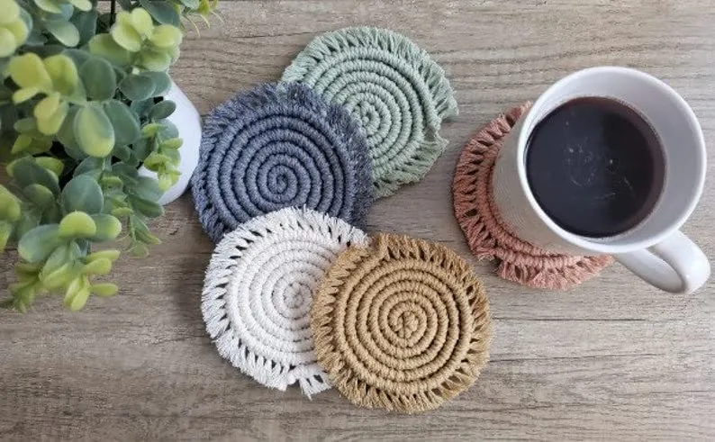 TheTopKnott Macrame Coasters,Tea Coaster, Macrame Coasters Coaster Circle Coaster with Frills, Housewarming Gift, Multi Color Cotton Coasters Set of 5