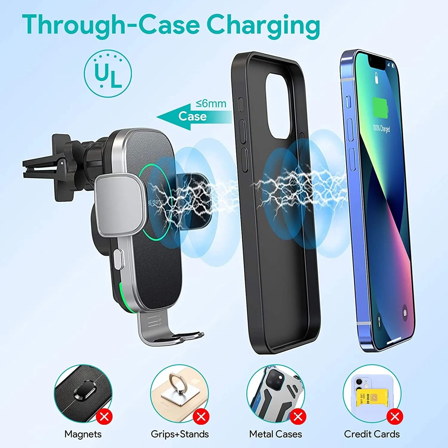 TIKECO Wireless Car Charger, 15W Auto-Clamping Car Charger Mount, Air Vent Car Charging Holder for Iphone 14/14 Pro/13/13 Pro /12/12 Pro/ 11/11 Pro/Xr/Xs/X/8, Samsung S22/ S21/S20 (With QC 3.0 Car Charger)