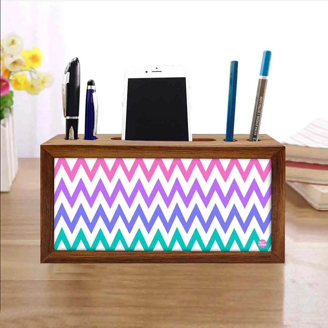 Wooden desk organizer Pen Mobile Stand - Colorful Waves